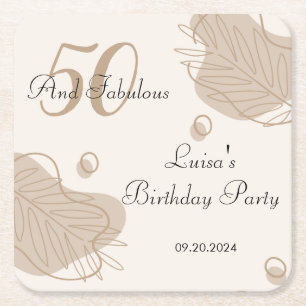 Boho Modern Leaf All Ages Birthday Square Paper Coaster