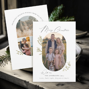 Boho Modern Minimalist Gold Leaves Photo Christmas Holiday Card