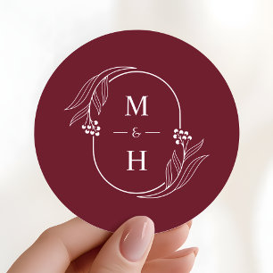Boho Modern Monogram Elegant Burgundy Wedding Classic Round Sticker