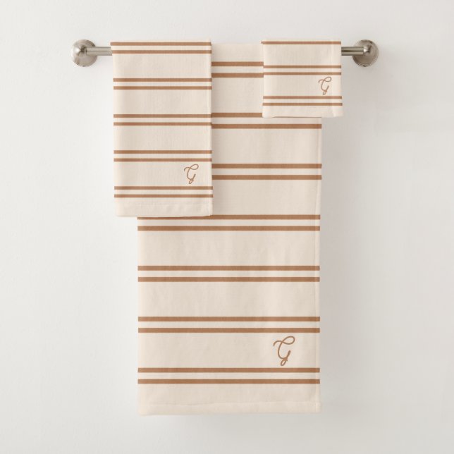 Boho Modern Monogrammed Name Striped Beige Brown Bath Towel Set (Insitu)