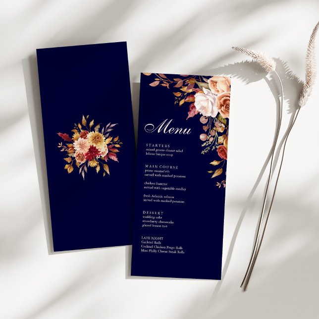 Boho Modern Navy Blue Burnt Orange Floral Wedding Menu (Boho Modern Navy Blue Burnt Orange Floral Wedding Menu on a sunny boho white table.)