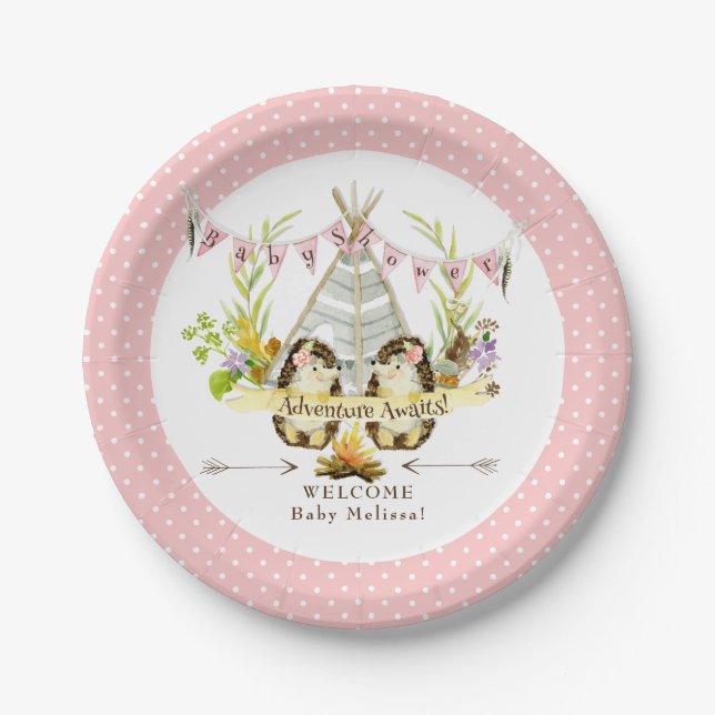 BOHO Modern Pink Girl Baby Shower Hedgehog Floral Paper Plate (Front)