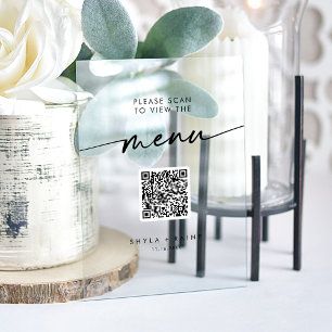 Boho Modern QR Code Clear Acrylic Wedding Menu Acrylic Sign