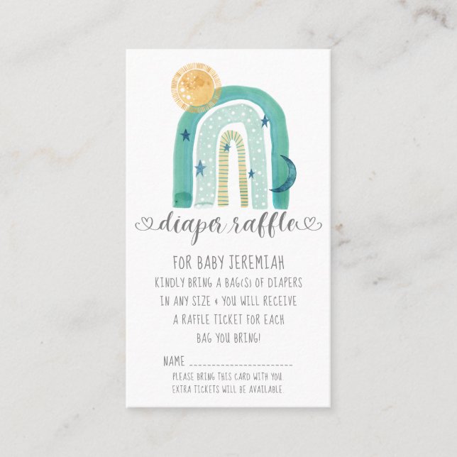 Boho Modern Rainbow Teal Baby Boy Diaper Raffle Business Card (Front)
