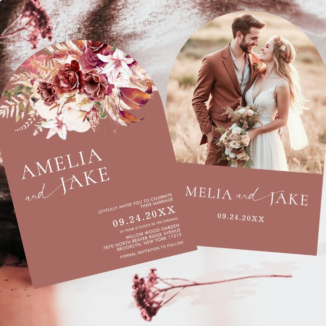 Boho Modern Rosewood Photo Arch Wedding            Invitation (Creator Uploaded)