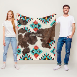 Boho Modern Rustic South Western Cowhide Name Fleece Blanket