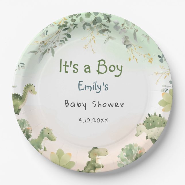 Boho Modern Watercolor Dinosaur Greenery Boy Paper Plate (Front)