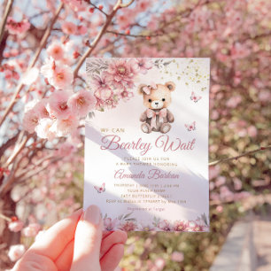 Boho Modern Watercolor Teddy Bear Girl Baby Shower Invitation