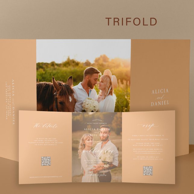 Boho modern wedding photo RSVP details QR code  Tri-Fold Invitation (Creator Uploaded)