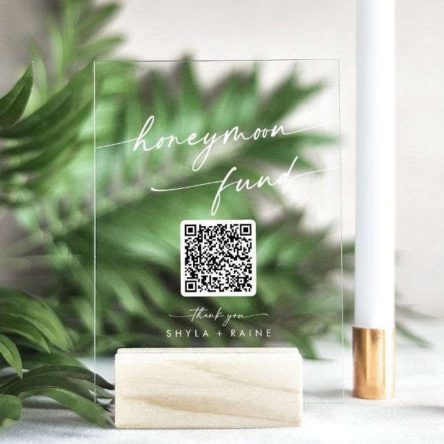 Boho Modern White Clear Wedding Honeymoon Fund Acrylic Sign (Creator Uploaded)