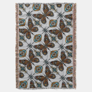 Boho Monarch Butterfly Inspired Diagonal Tile Throw Blanket