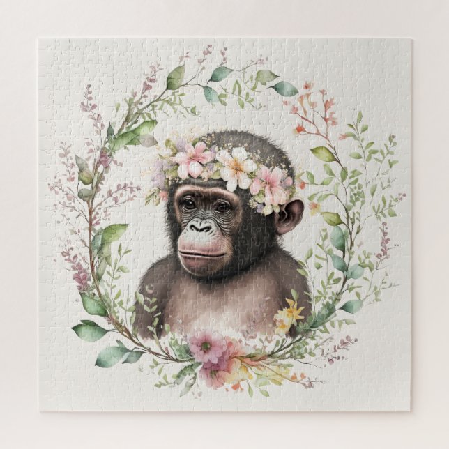 Boho Monkey in Wildflower Wreath Square Jigsaw Puzzle (Vertical)