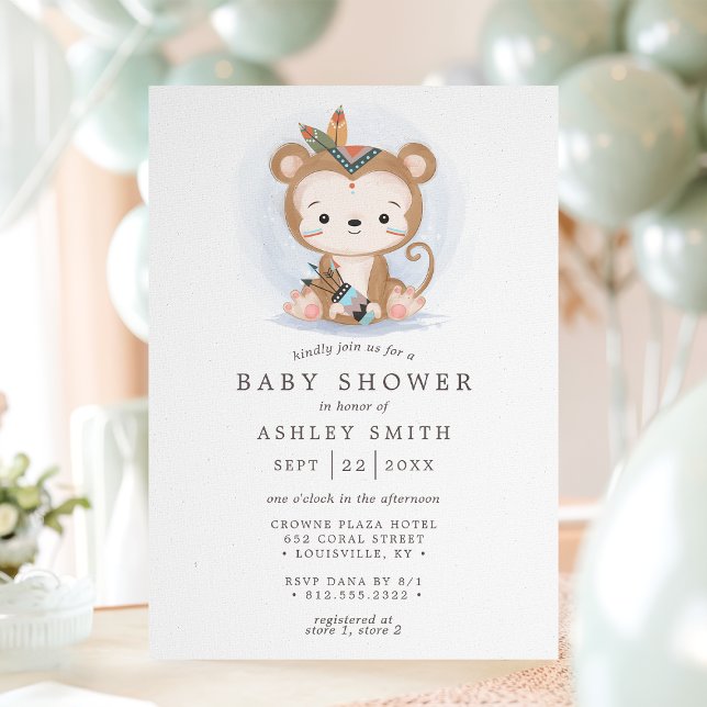Boho Monkey Tribal Watercolor Bohemian Baby Shower Invitation (Creator Uploaded)