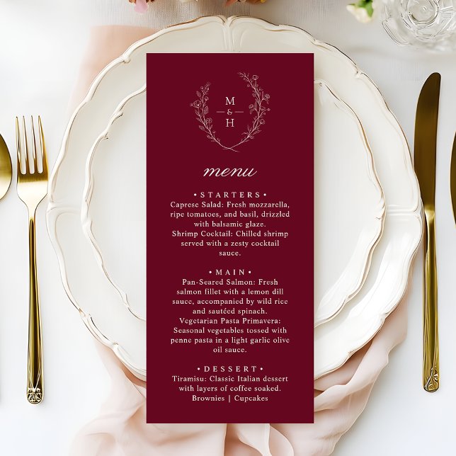 Boho Monogram Elegant Burgundy Wedding Dinner Menu (Creator Uploaded)