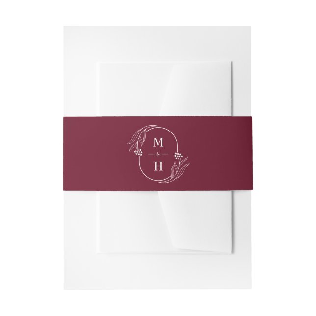 Boho Monogram Elegant Burgundy Wedding Invitation Belly Band (Front Example)