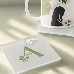 Boho Monogram Glass Coaster Sage Green & Cream