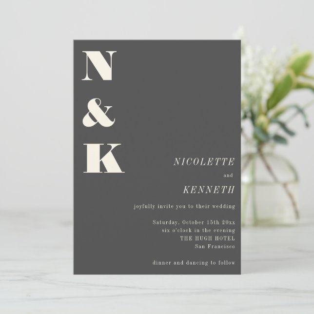 Boho Monogram Initials Charcoal Grey Photo Wedding Invitation (Standing Front)