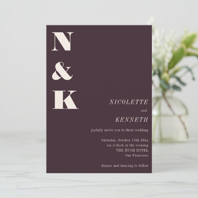 Boho Monogram Initials Winter Plum Photo Wedding Invitation (Standing Front)