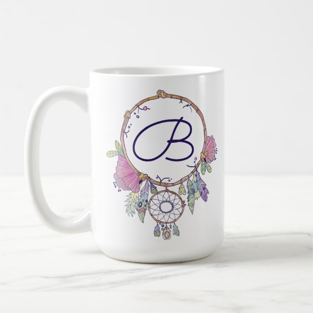 Boho Monogram Watercolor Dreamcatcher Coffee Mug (Left)