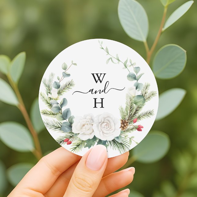 Boho Monogram Winter Greenery Wedding Favour Classic Round Sticker (Creator Uploaded)