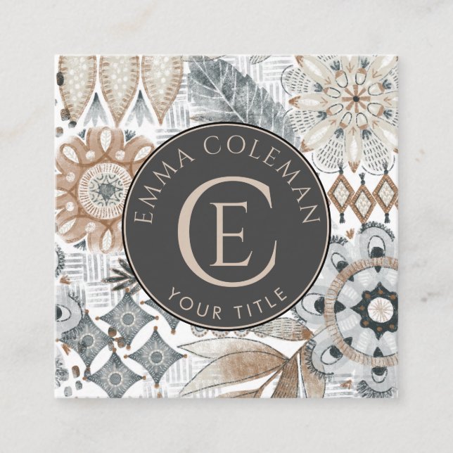 Boho Monogrammed Floral Leaf Business Card (Front)