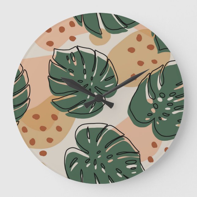 Boho monstera: abstract tropical pattern large clock (Front)