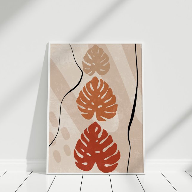 Boho Monstera Line Art Abstract Wall Art Poster (Boho Burnt Orange Beige Monstera Wall Art in a white frame.)
