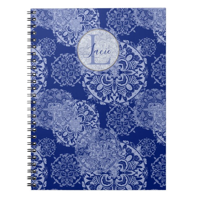 Boho Moody Blues Mandalas Monogrammed Notebook (Front)