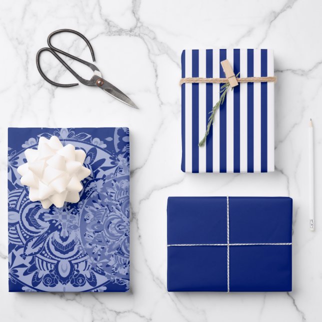 Boho Moody Blues Mandalas, Stripes, and Solid Wrapping Paper Sheet (Front)