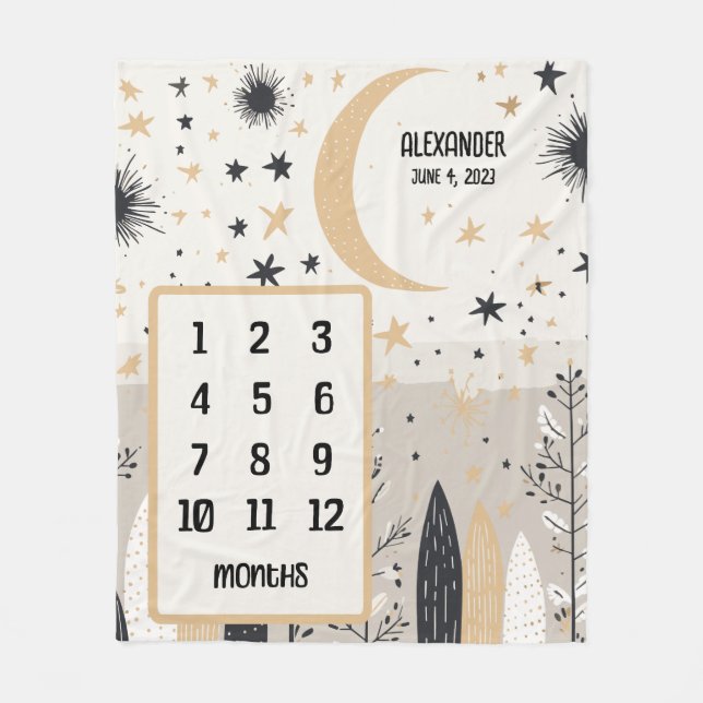 Boho Moon and Stars Personalised Baby Milestone  Fleece Blanket (Front)