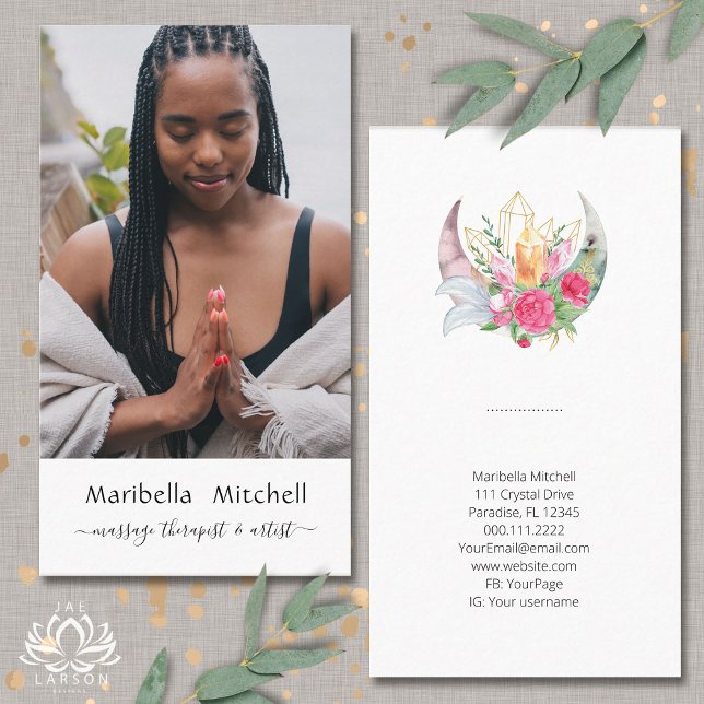 Boho Moon Crystals Feathers Flower Vertical Photo  Business Card (Creator Uploaded)