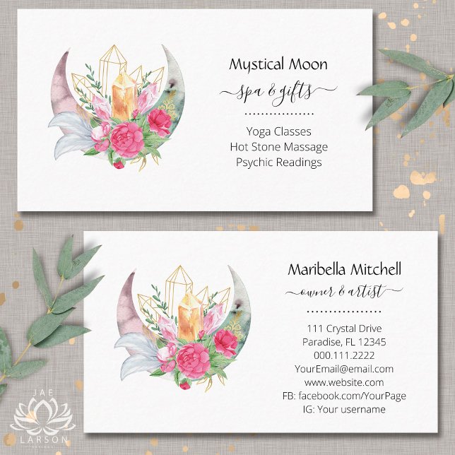 Boho Moon Crystals Feathers Flowers Horizontal Bus Business Card (Creator Uploaded)