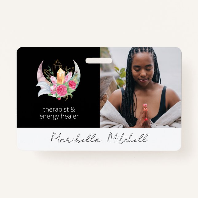 Boho Moon Crystals Feathers Flowes Therapist ID Badge (Front)