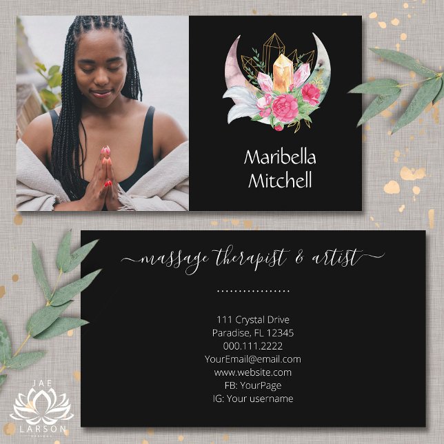 Boho Moon Crystals Feathers Pink Flowers Photo Business Card (Creator Uploaded)