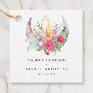 Boho Moon Crystals Feathers Pink Flowers Wedding Favour Tags