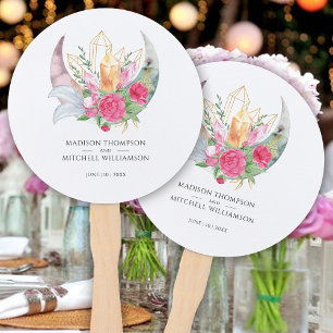 Boho Moon Crystals Feathers Pink Flowers Wedding Hand Fan