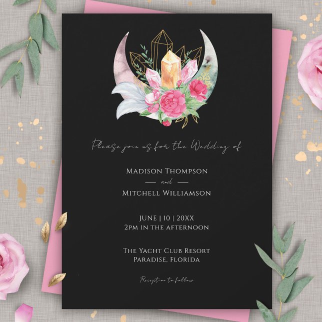 Boho Moon Crystals Feathers Pink Flowers Wedding   Invitation (Creator Uploaded)