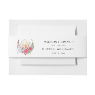 Boho Moon Crystals Feathers Pink Flowers Wedding Invitation Belly Band