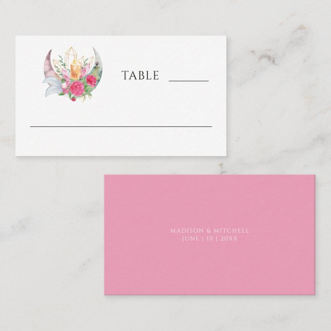 Boho Moon Crystals Feathers Pink Flowers Wedding  Place Card (Front/Back)