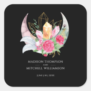 Boho Moon Crystals Feathers Pink Flowers Wedding Square Sticker