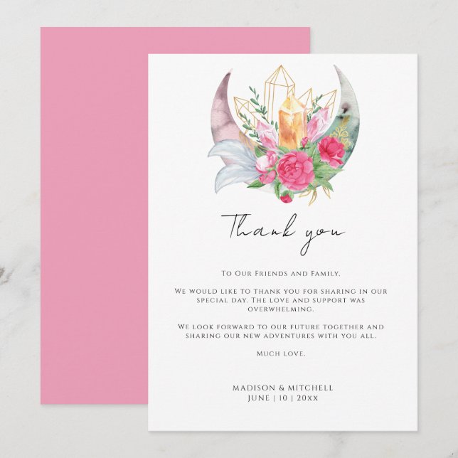 Boho Moon Crystals Feathers Pink Flowers Wedding  Thank You Card (Front/Back)