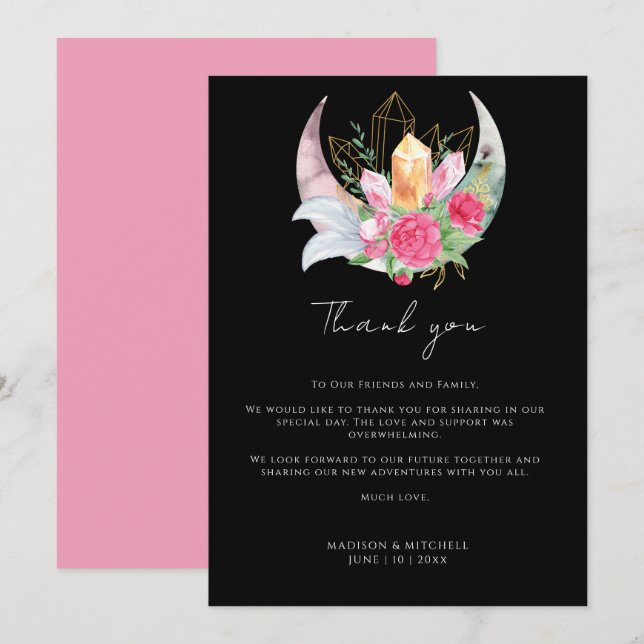 Boho Moon Crystals Feathers Pink Flowers Wedding  Thank You Card (Front/Back)