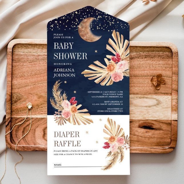 Boho Moon Earthy Floral Pampas Navy Baby Shower All In One Invitation (Creator Uploaded)
