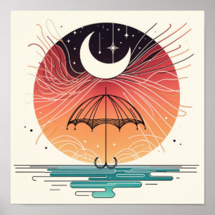 Boho Moon on Umbrella with Falling Stars Poster