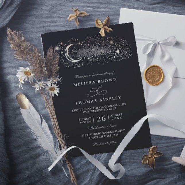 Boho Moon Stars Celestial Black QR Code Wedding Invitation (Creator Uploaded)