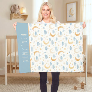 Boho Moon Stars Cloud Kids Monogram Fleece Blanket