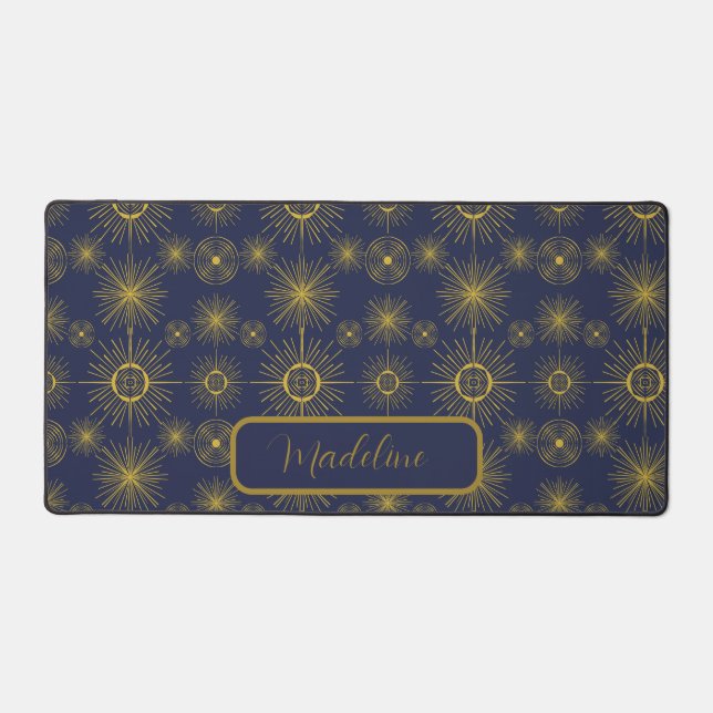 Boho Moon Stars Sun Blue Pattern Desk Mat (Front)