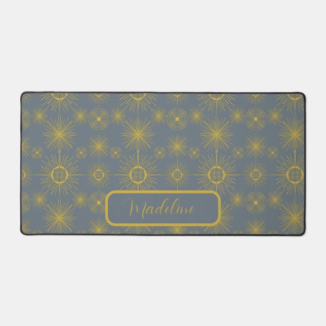 Boho Moon Stars Sun Dusty Blue Pattern Desk Mat (Front)