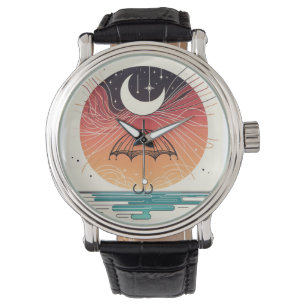 Boho Moon & Umbrella Rain-to-Stars Minimalist Art Watch