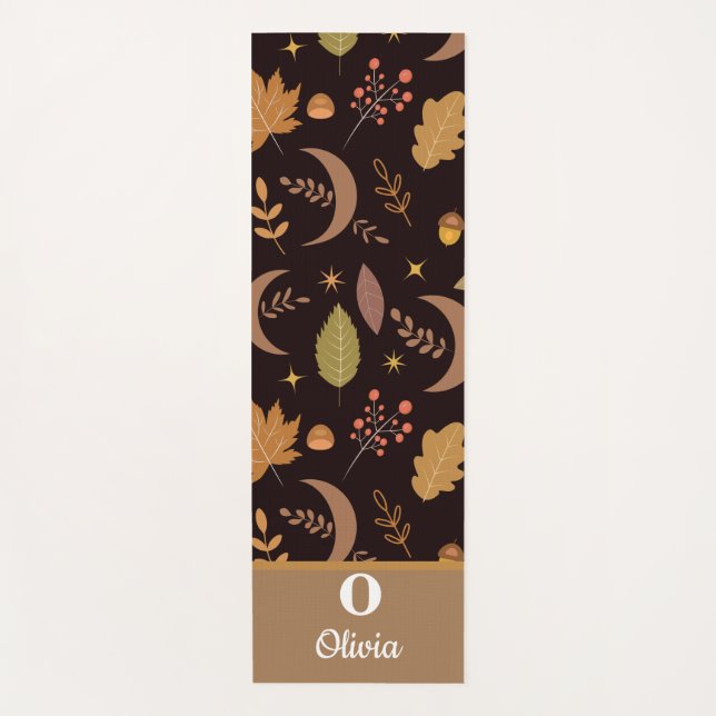 Boho Moon with autumn leaves monogrammed  Yoga Mat (Front)